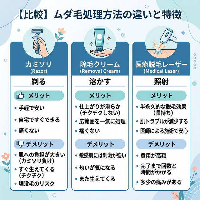 除毛方法の比較図解:カミソリ vs 除毛クリーム vs 医療脱毛