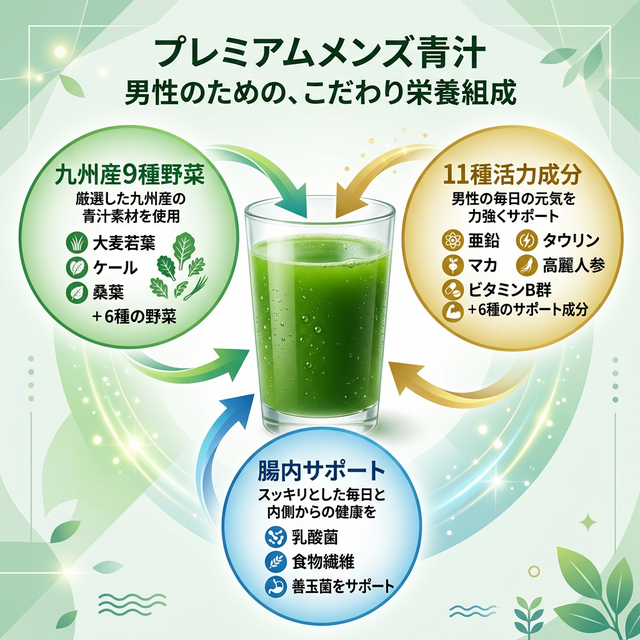 プレミアムメンズ青汁の栄養構成図解:9種野菜+11種活力成分+乳酸菌