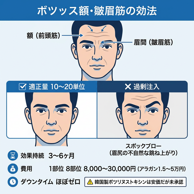 ボトックス注射の額・眉間への注入ポイントとスポックブローリスクのインフォグラフィック
