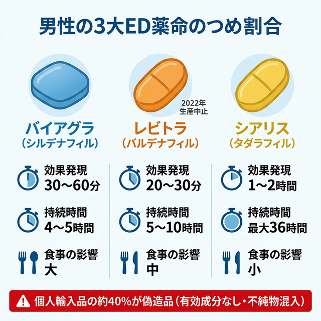 ED治療薬3種(バイアグラ・レビトラ・シアリス)の効果発現時間・持続時間・食事影響の比較インフォグラフィック