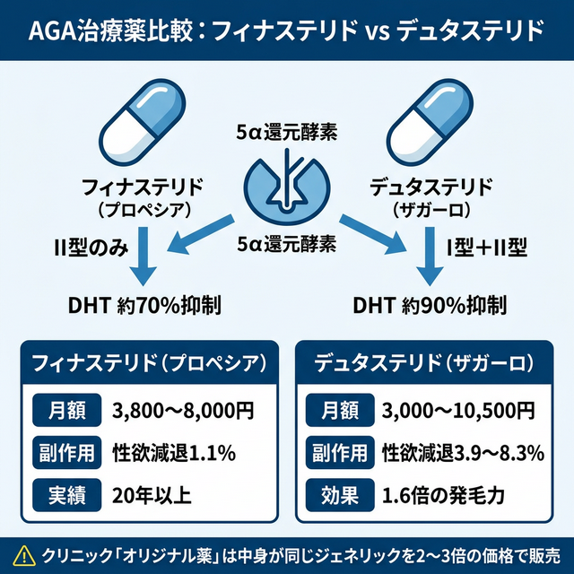 フィナステリドとデュタステリドの5α還元酵素阻害メカニズムと費用比較インフォグラフィック