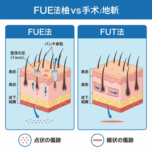 FUE法とFUT法の採取方法と傷跡の違いを図解した医療インフォグラフィック