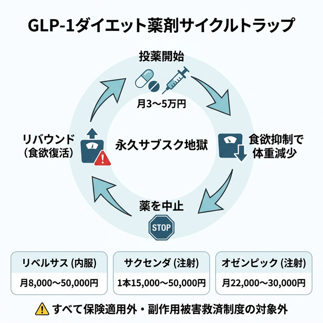 GLP-1ダイエットのリバウンドサイクルと3薬剤の費用比較インフォグラフィック