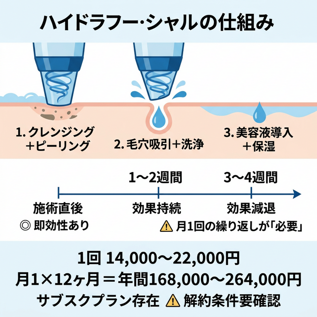 ハイドラフェイシャルの3ステップ施術メカニズムと費用構造のインフォグラフィック