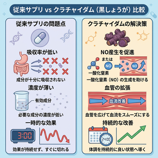 従来の活力サプリとクラチャイダムの成分アプローチの違いを比較した図解