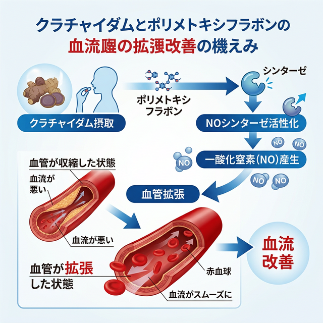 クラチャイダムのポリメトキシフラボンによる血流改善メカニズムの図解
