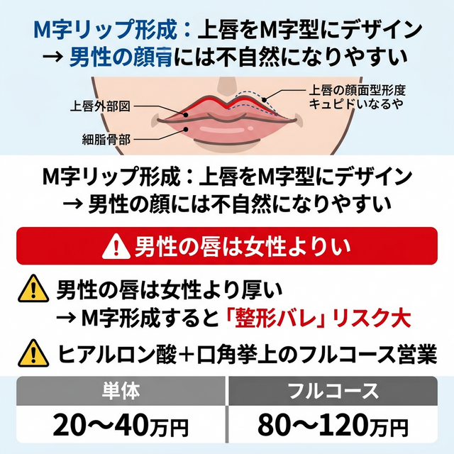 M字リップ形成の男性における不自然さとフルコース営業