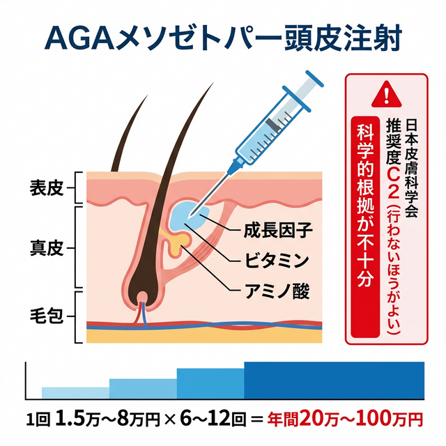 AGAメソセラピーの注入メカニズムと推奨度C2の警告を図解したインフォグラフィック