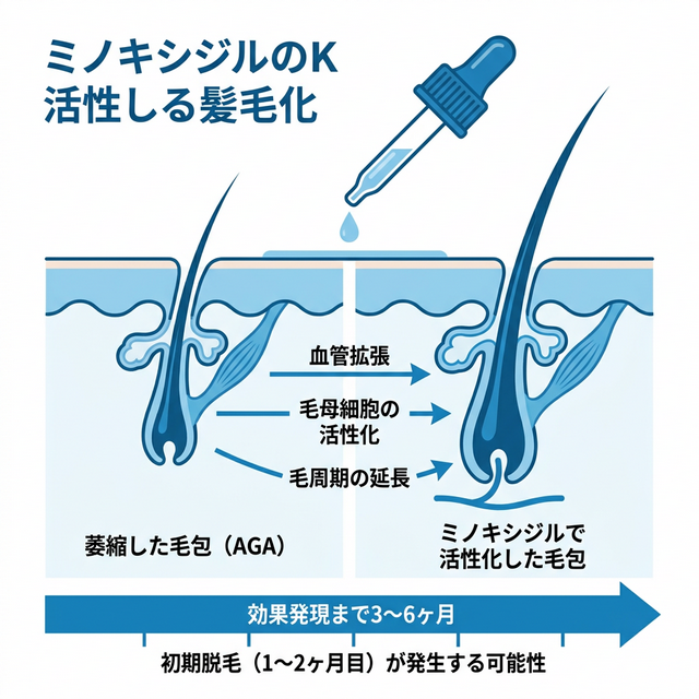ミノキシジル外用薬の毛包への作用メカニズムと効果発現までのタイムラインを図解したインフォグラフィック
