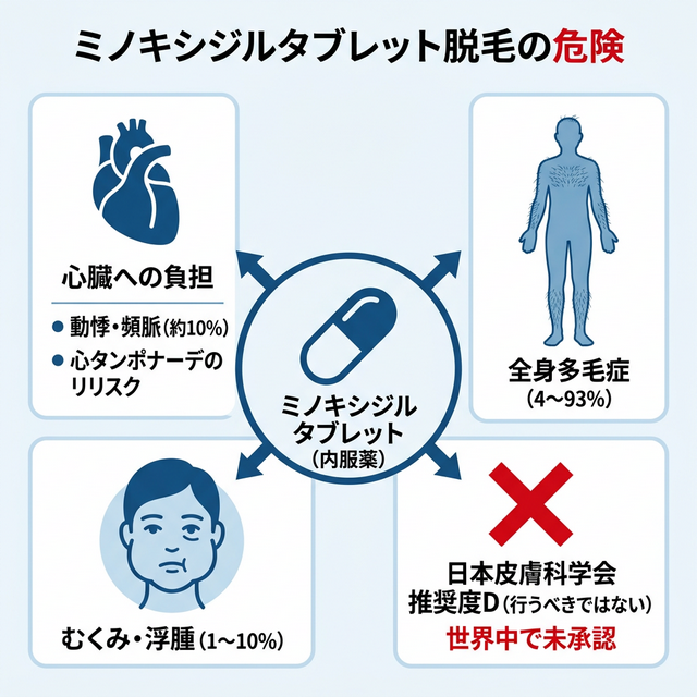 ミノキシジルタブレットの副作用リスクと推奨度Dの警告を図解したインフォグラフィック