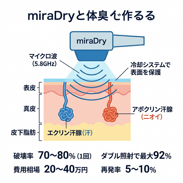 ミラドライのマイクロ波照射メカニズムと汗腺破壊の仕組みを図解したインフォグラフィック