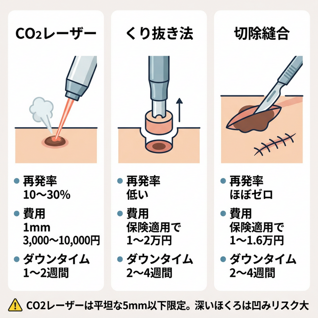 ほくろ除去3つの方法（CO2レーザー・くり抜き法・切除縫合）の再発率・費用・ダウンタイム比較