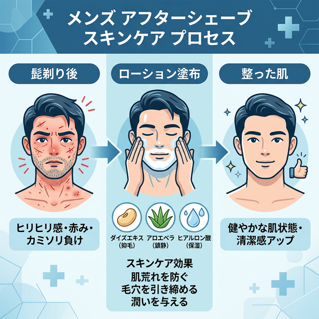 髭剃り後のスキンケアプロセス:ダメージ肌→ローション塗布→整った肌