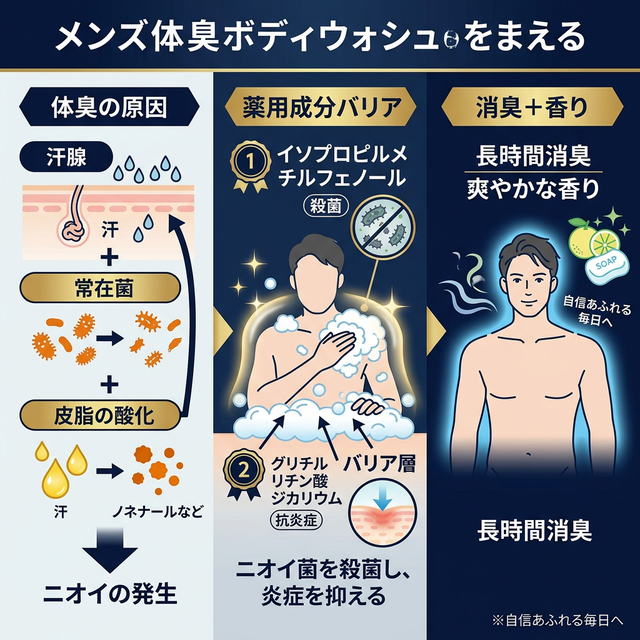 体臭防御メカニズム:原因菌の殺菌→抗炎症→消臭+香りの3段階プロセス