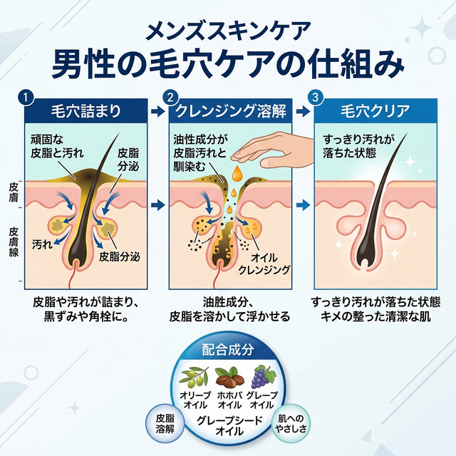 毛穴クレンジングのメカニズム:毛穴詰まり→クレンジング溶解→毛穴クリア