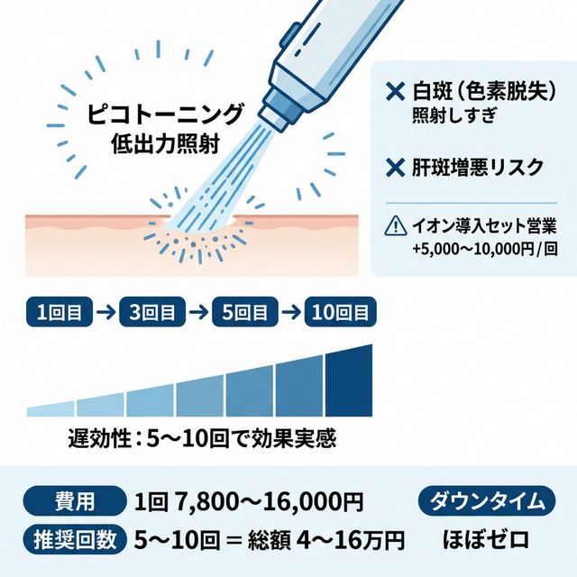 ピコトーニングの遅効性と費用構造・白斑リスクのインフォグラフィック