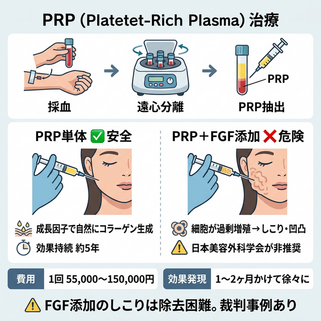 PRP皮膚再生療法の抽出プロセスとFGF添加のしこりリスクを比較したインフォグラフィック