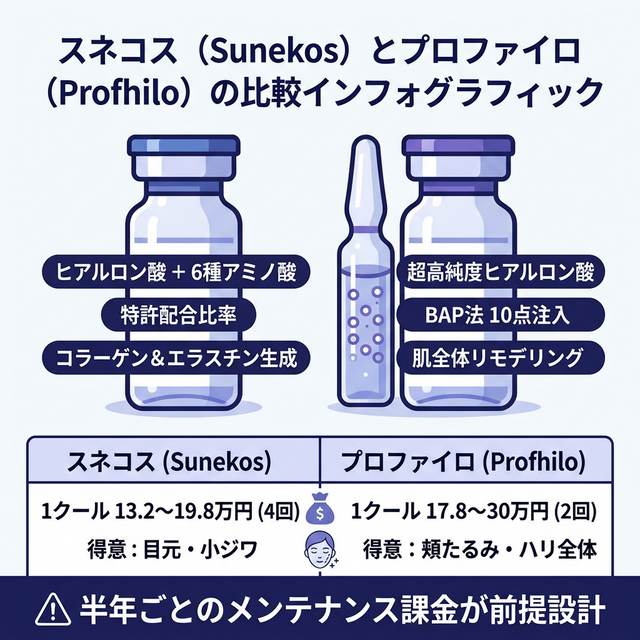 スネコスとプロファイロの成分・費用・効果比較インフォグラフィック