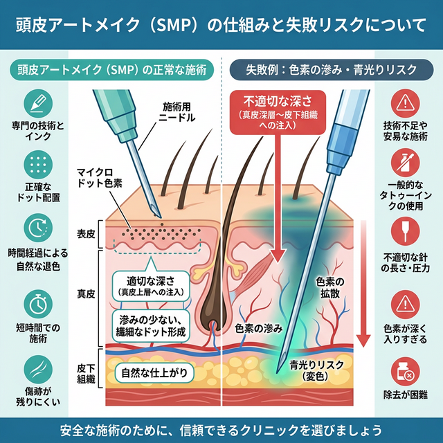 ヘアタトゥー（SMP）の深さによる滲み・青光りリスクのメカニズム図解