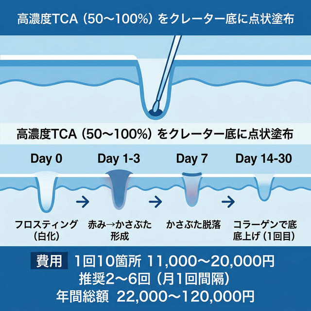 TCAクロスの点状塗布メカニズムとコラーゲン底上げの経過を示すインフォグラフィック
