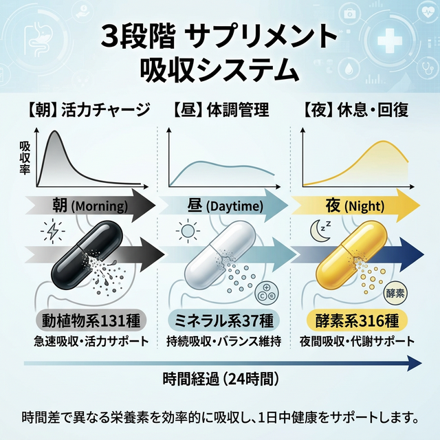 テンザーゴールドプレミアムの3錠分割吸収システムの図解